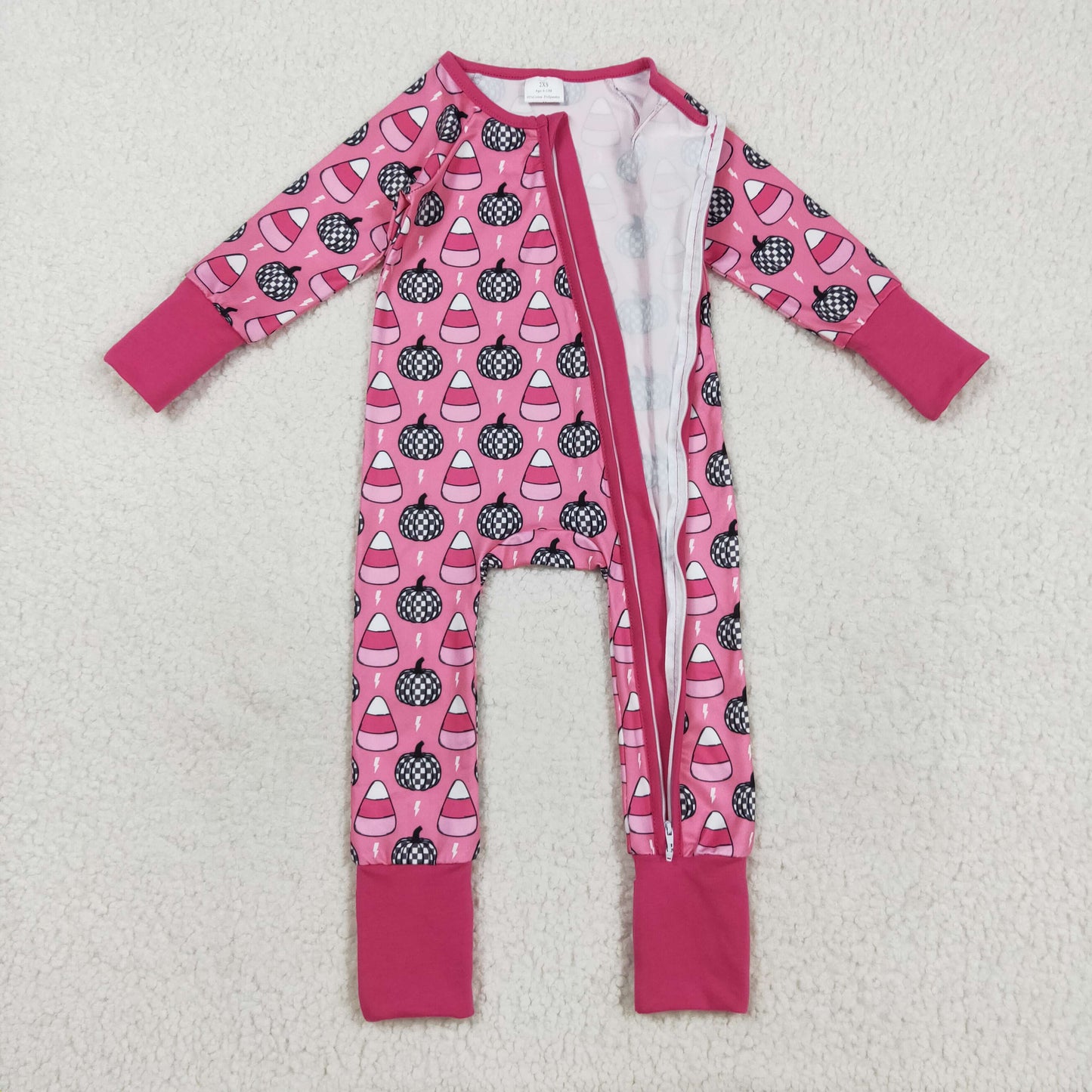 LR2467 Baby Girls Pink Pumpkins Candy Halloween Zipper Footed Rompers