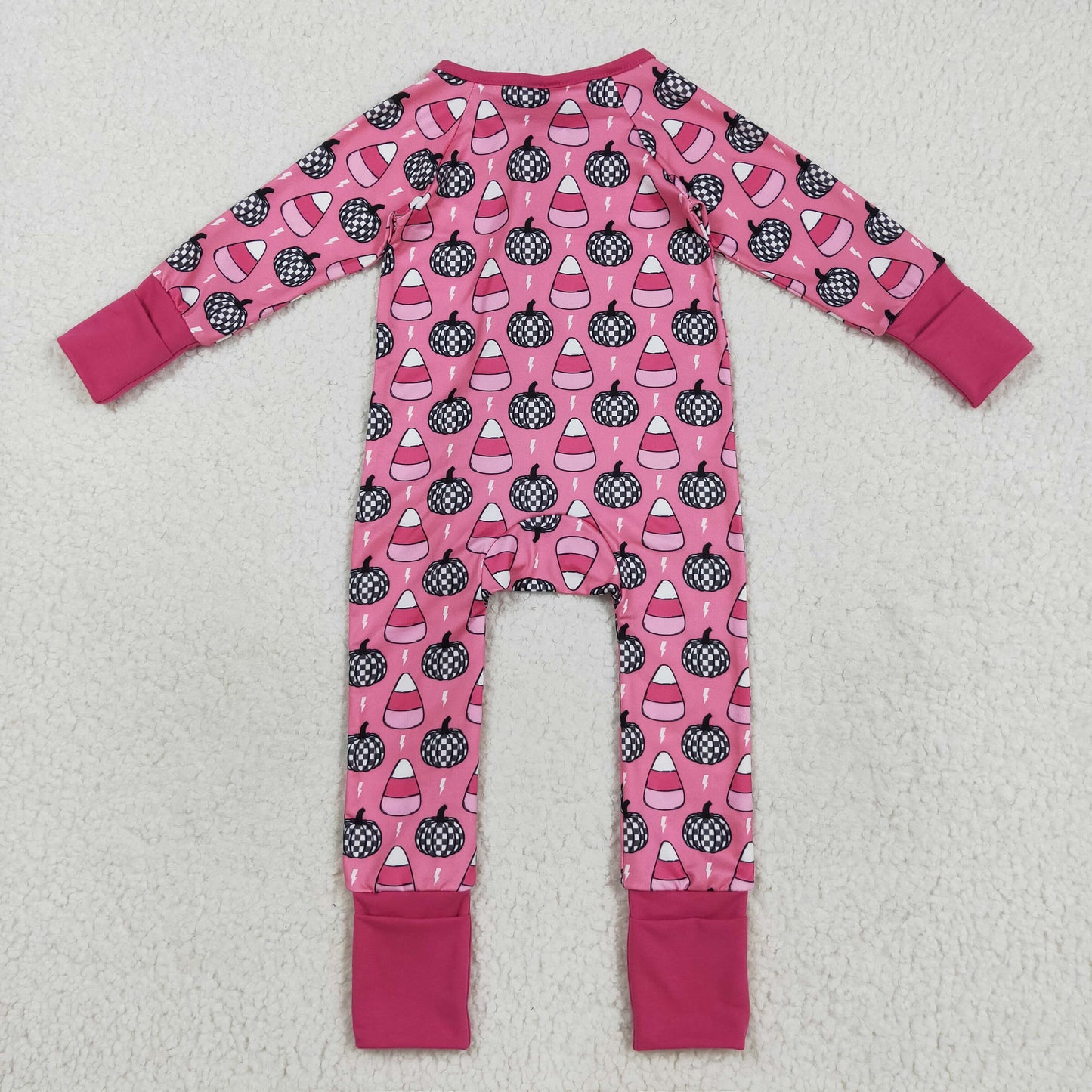 LR2467 Baby Girls Pink Pumpkins Candy Halloween Zipper Footed Rompers