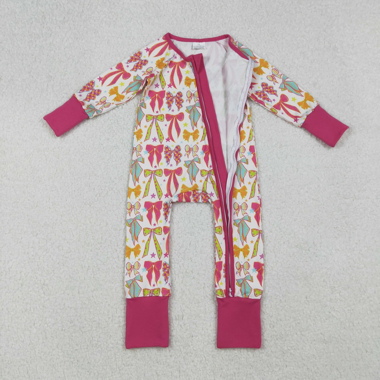LR2468 Baby Girls Pink Orange Green Bows Stars Zipper Footed Rompers