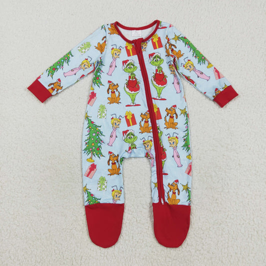 LR2478 Baby Boys Trees Grin Christmas Zipper Footed Rompers
