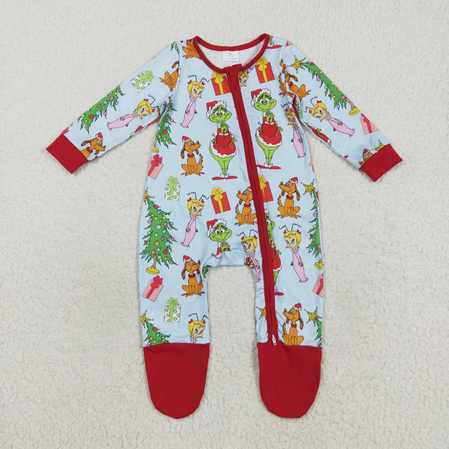 Sibling Baby Kids Long Sleeves Green Face Miss Christmas Pajamas Sets Zipper Footed Rompers