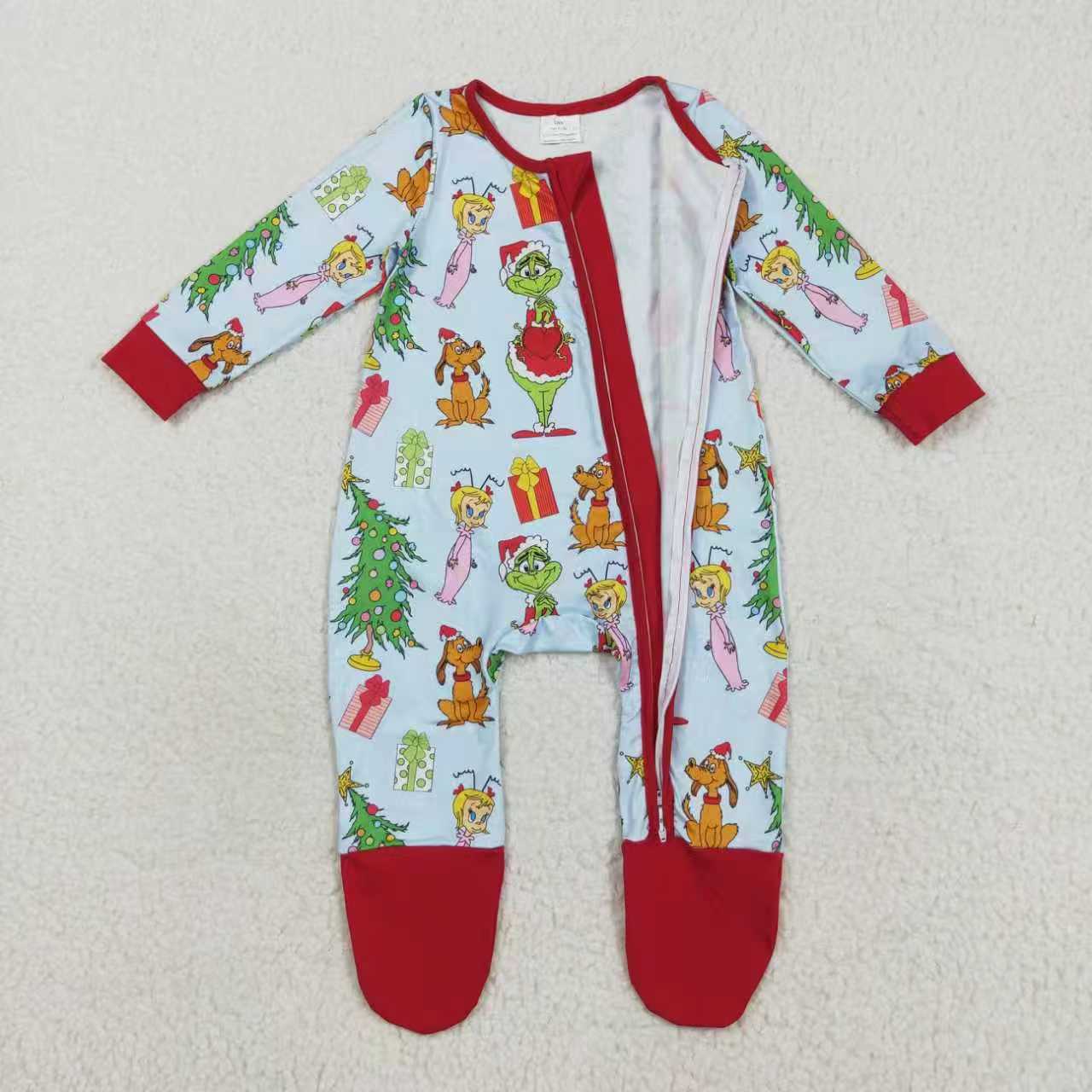 Sibling Baby Kids Long Sleeves Green Face Miss Christmas Pajamas Sets Zipper Footed Rompers