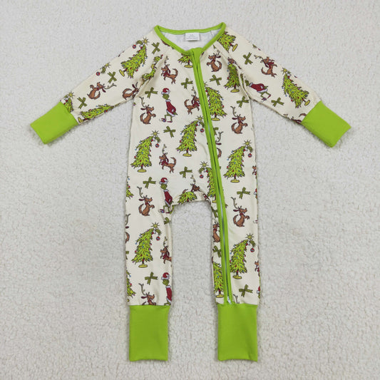 LR2481 Baby Boys Green Bows Trees Grin Christmas Zipper Footed Rompers