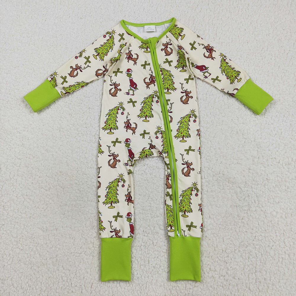 Sibling Baby Kids Green Face Christmas Trees Pajams Sets Zipper Footie Rompers