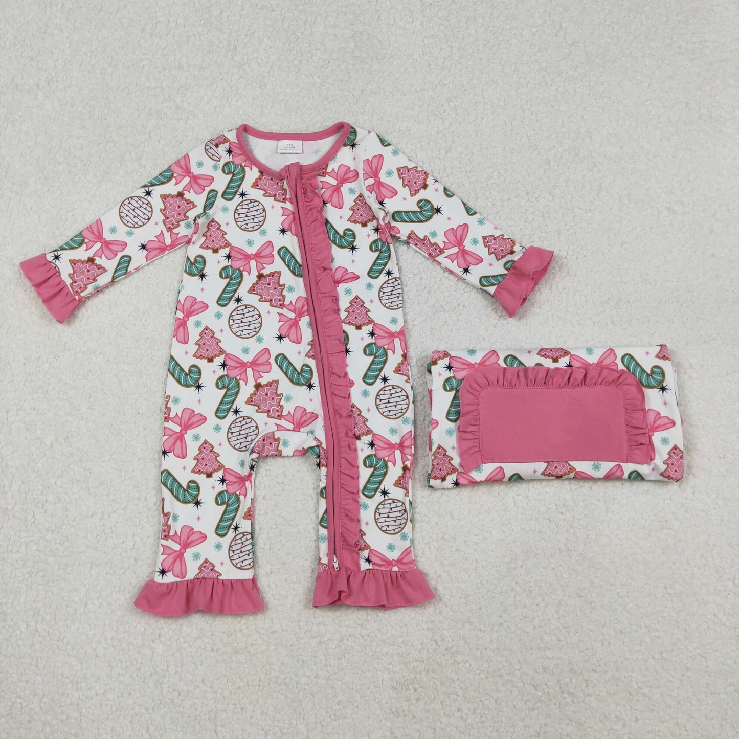 LR2486 Baby Girls Pink Bows Candy Cane Christmas Ruffle Zipper Footie Rompers
