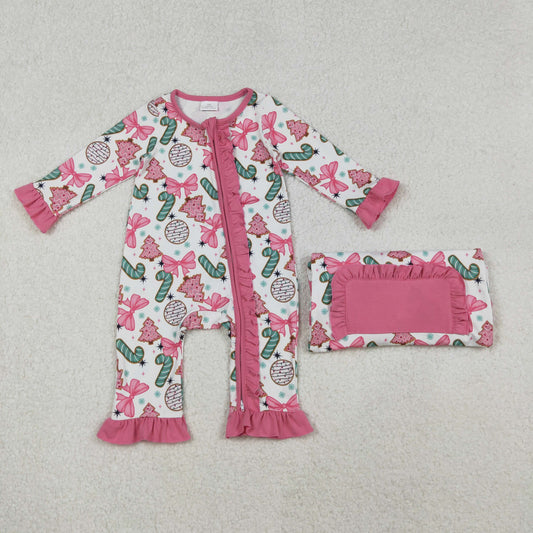 LR2486 Baby Girls Pink Bows Candy Cane Christmas Ruffle Zipper Footie Rompers