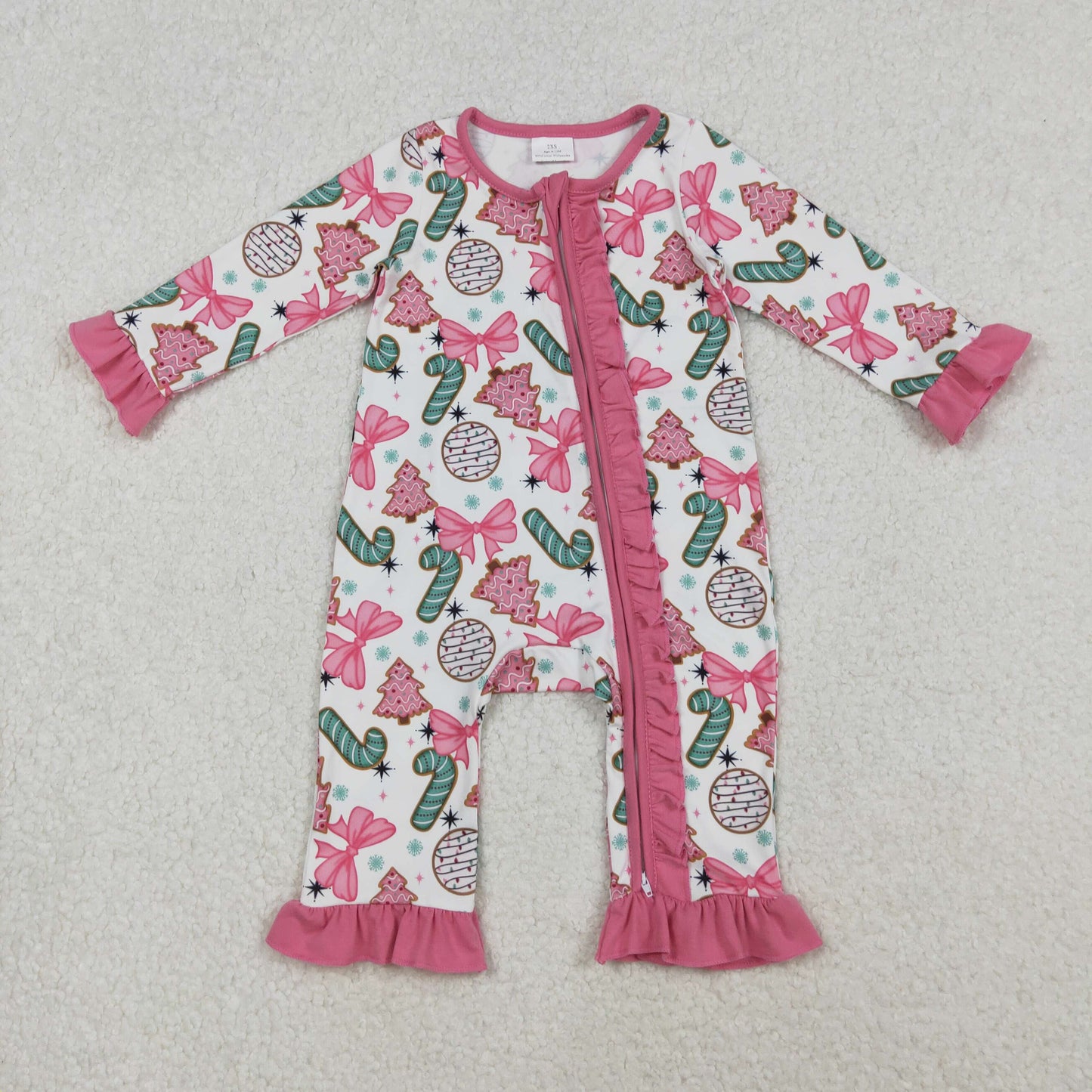LR2486 Baby Girls Pink Bows Candy Cane Christmas Ruffle Zipper Footie Rompers