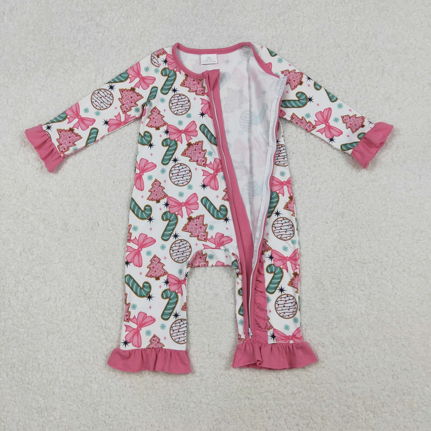 LR2486 Baby Girls Pink Bows Candy Cane Christmas Ruffle Zipper Footie Rompers