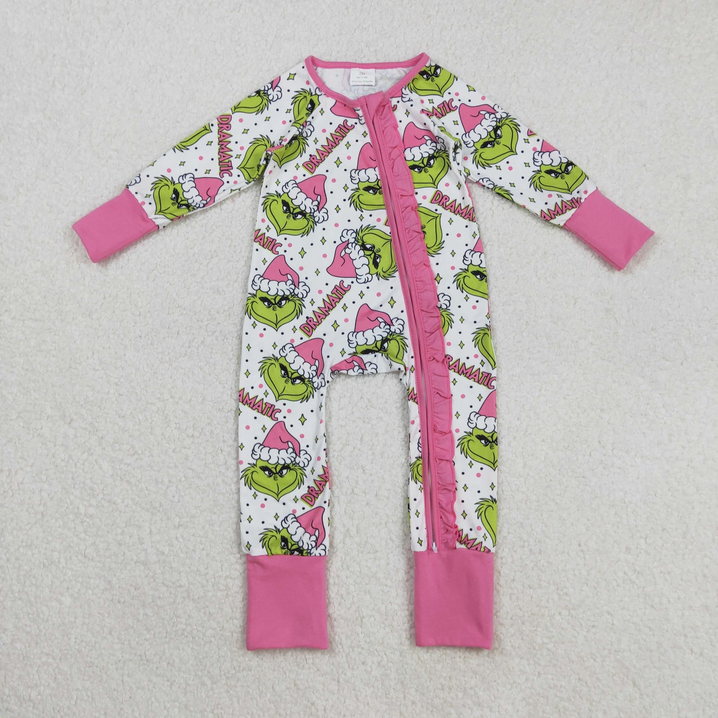 Sibling Baby Girls Green Faces Dramatic Christmas Zipper Footie Rompers Pajamas Sets