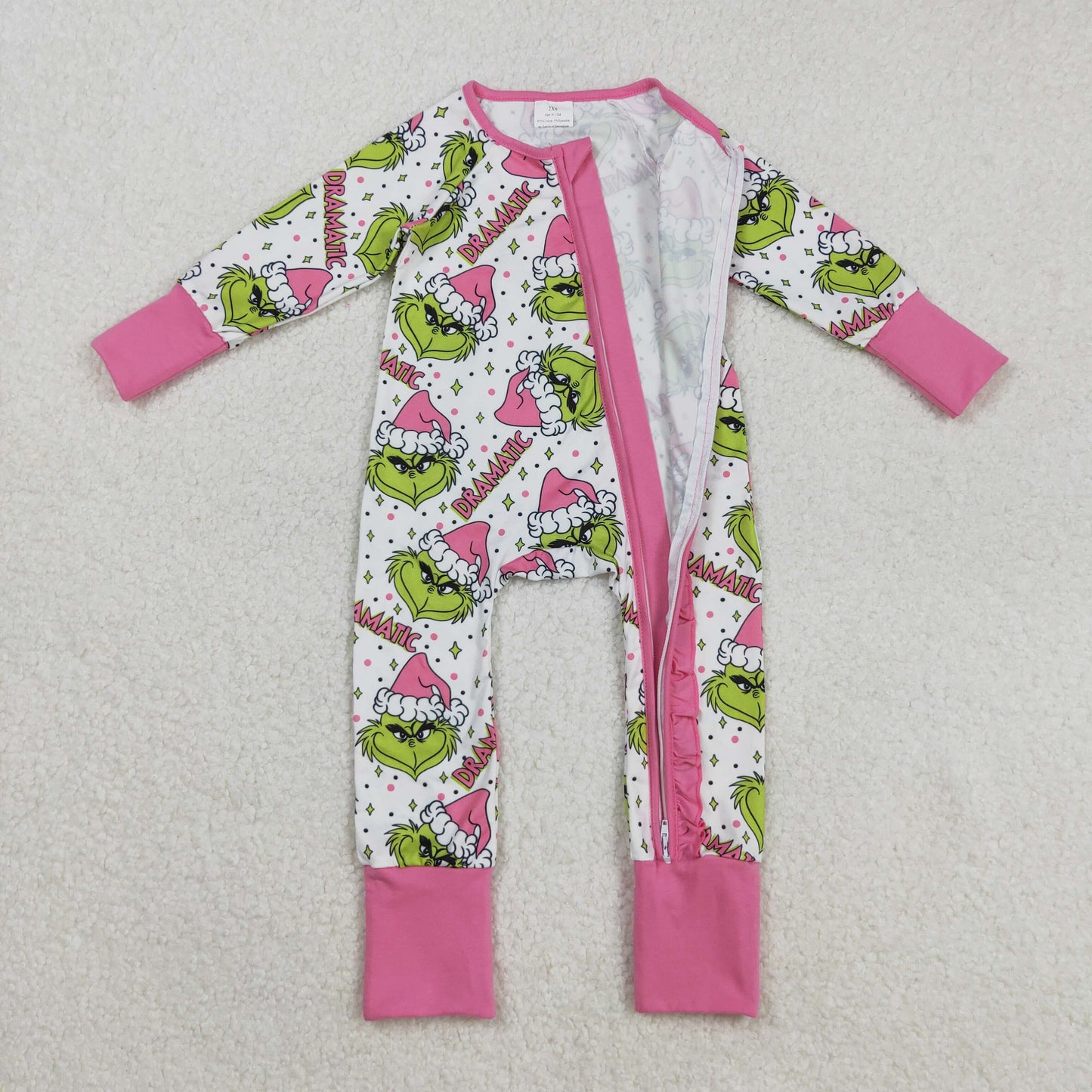 Sibling Baby Girls Green Faces Dramatic Christmas Zipper Footie Rompers Pajamas Sets