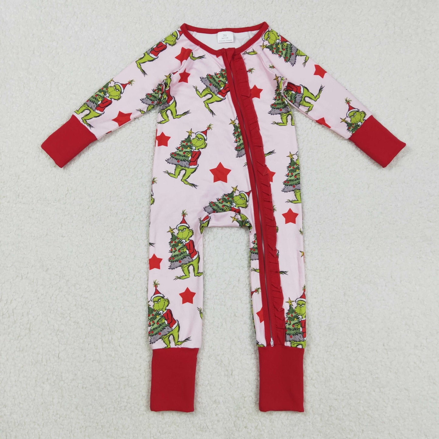 LR2496 Baby Girls Red Stars Trees Grin Christmas Ruffle Zipper Footed Rompers