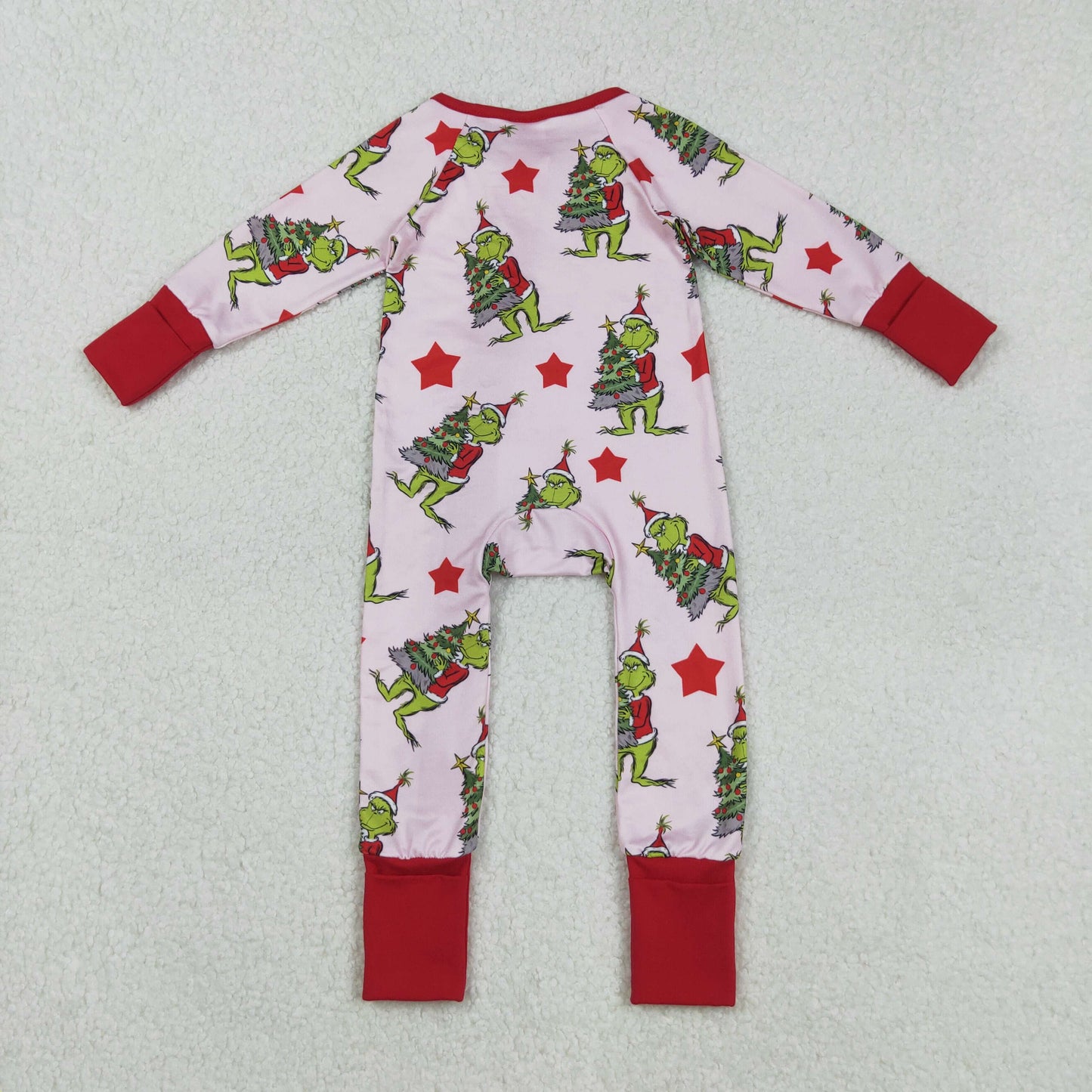LR2496 Baby Girls Red Stars Trees Grin Christmas Ruffle Zipper Footed Rompers