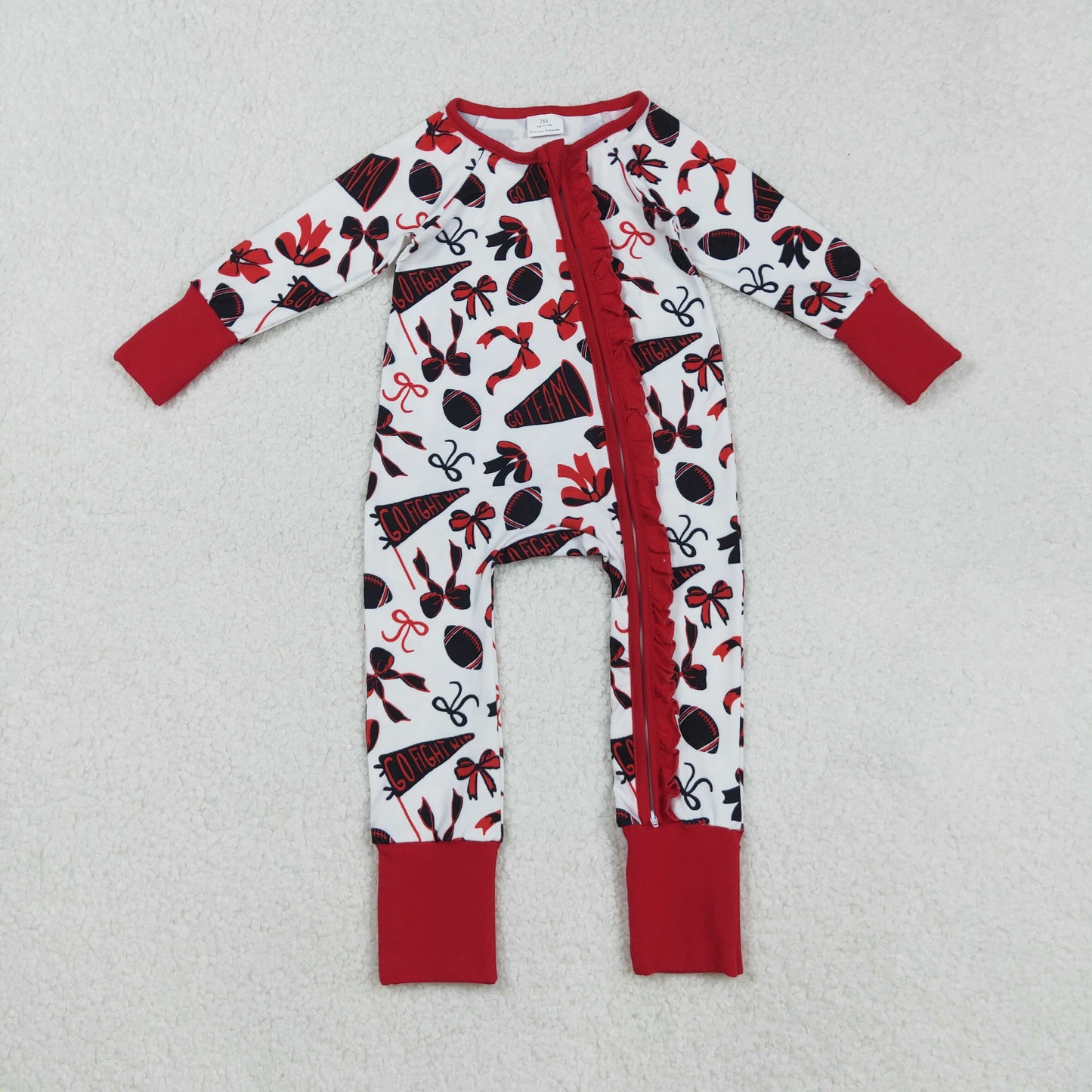 LR2512 Baby Girls Red Black Bows Footballs Go Team Ruffle Zipper Footed Rompers