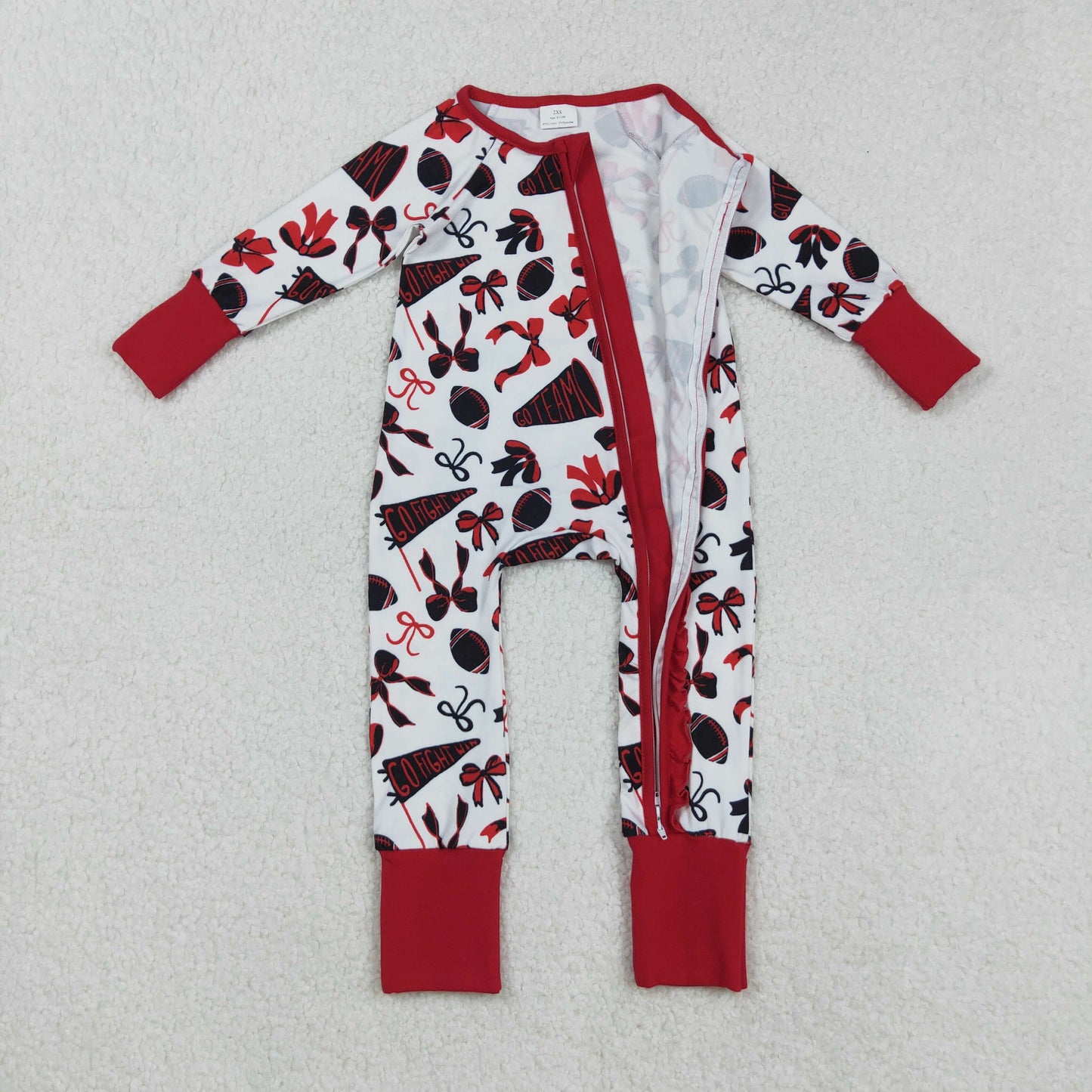 Sibling Baby Girls Long Sleeves Bows Footballs Go Team Ruffle Zipper Footie Rompers
