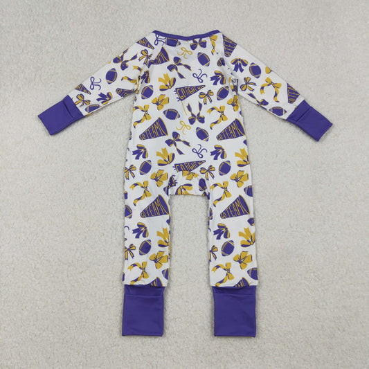 LR2513 Baby Girls Yellow Purple Bows Footballs Go Team Ruffle Zipper Footed Rompers