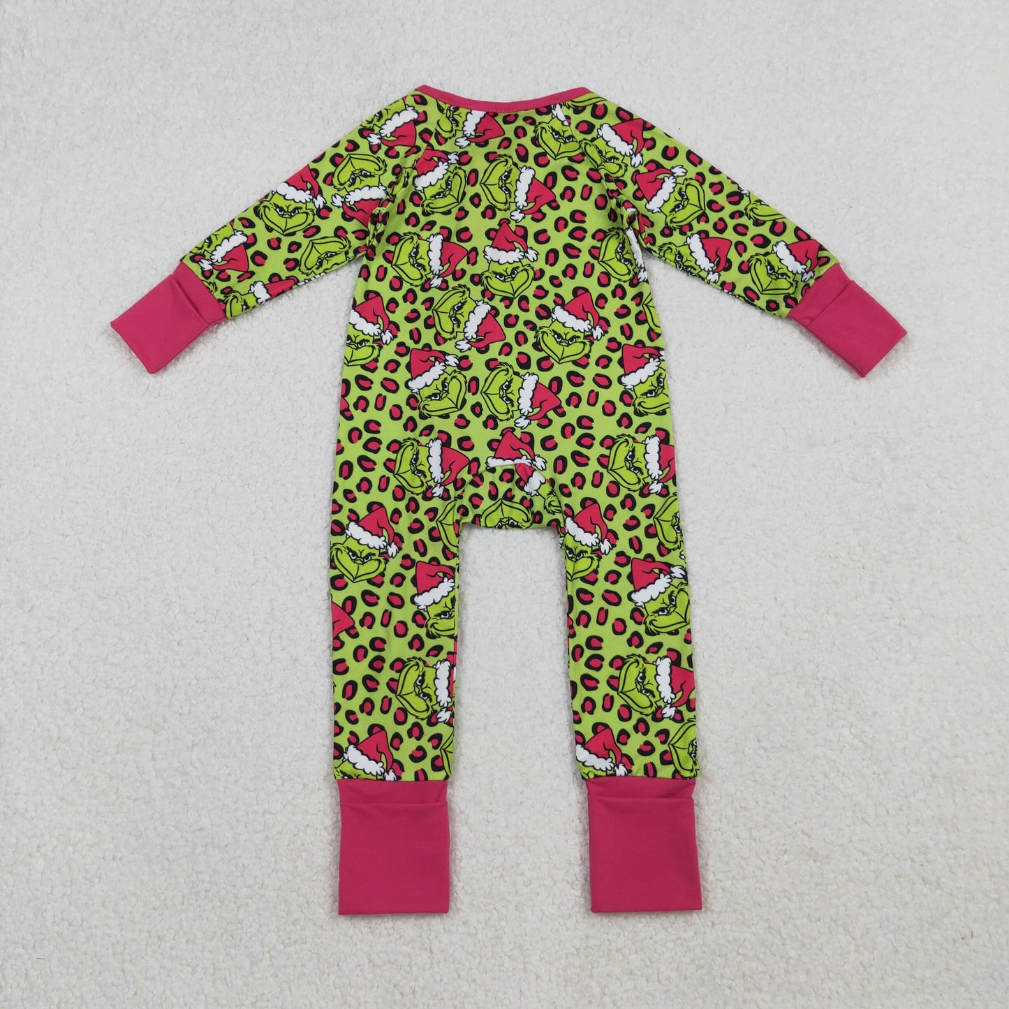 LR2520 Baby Girls Grin Leopard Christmas Ruffle Zipper Footed Rompers