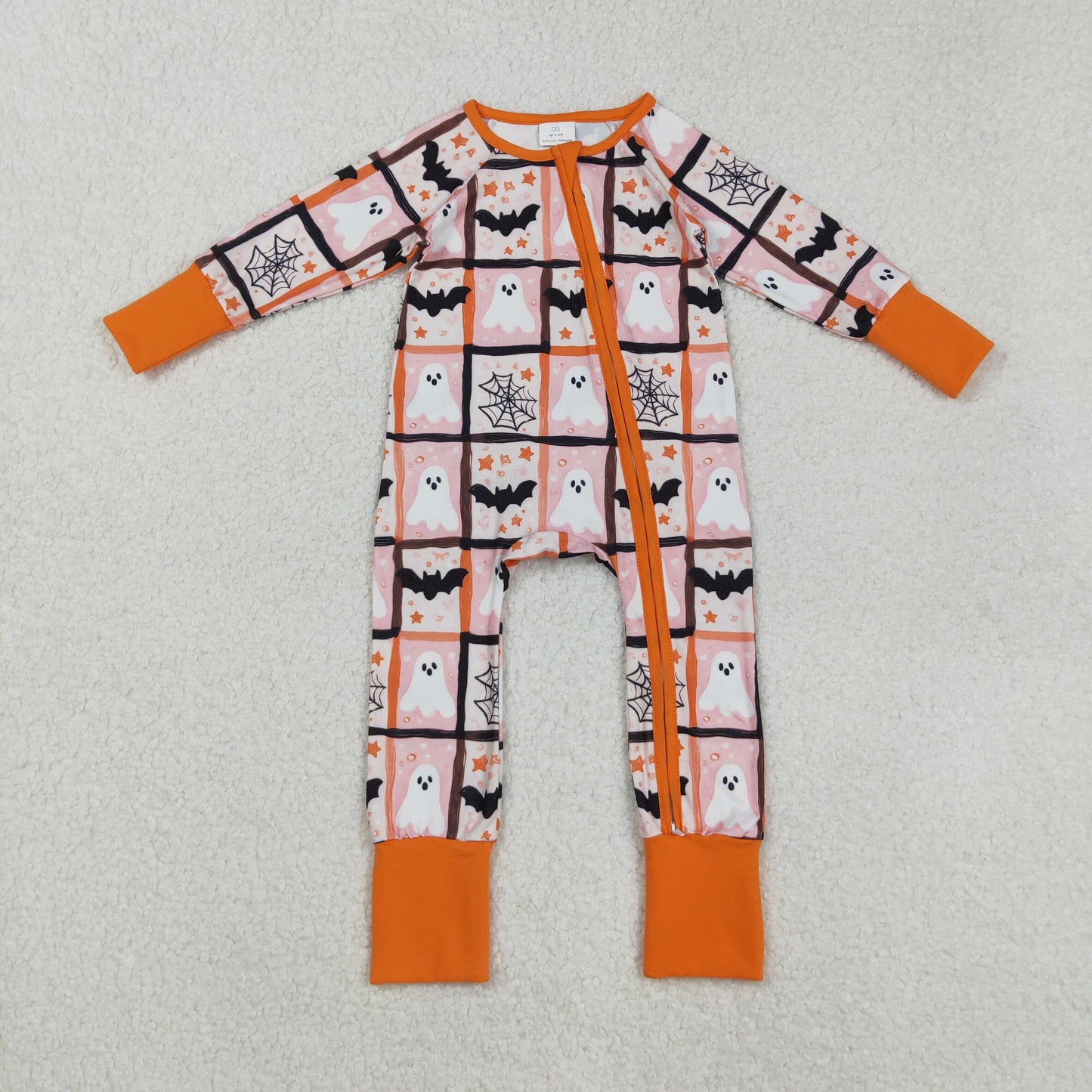 LR2539 Baby Boys Ghost Bats Checked Halloween Zipper Footed Rompers