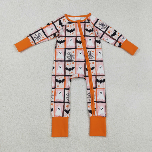 LR2539 Baby Boys Ghost Bats Checked Halloween Zipper Footed Rompers