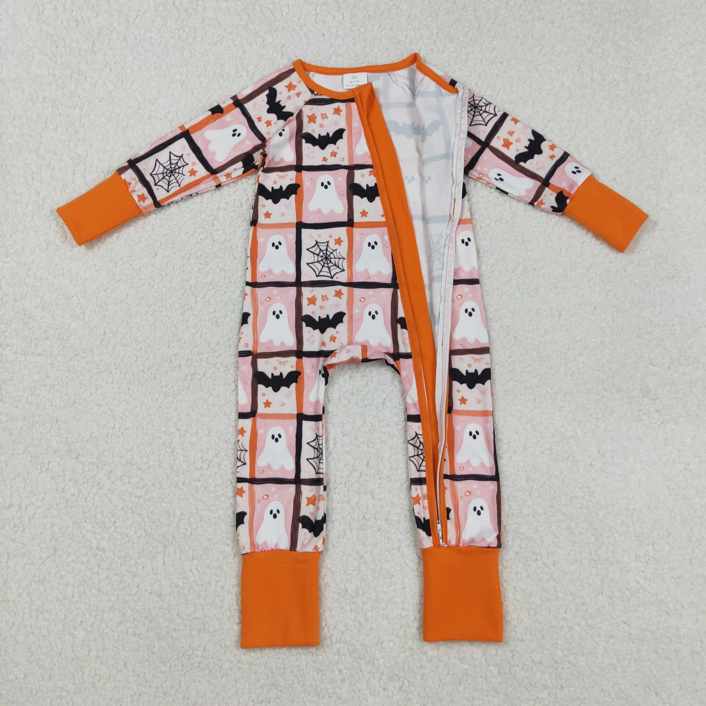 LR2539 Baby Boys Ghost Bats Checked Halloween Zipper Footed Rompers