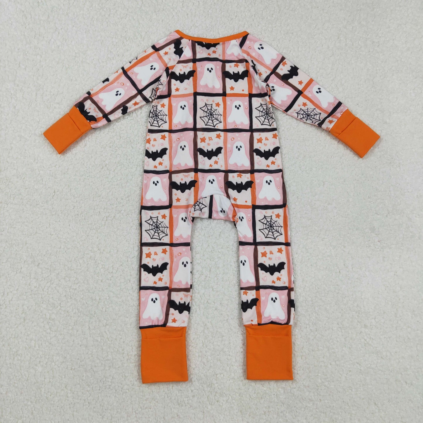 LR2539 Baby Boys Ghost Bats Checked Halloween Zipper Footed Rompers