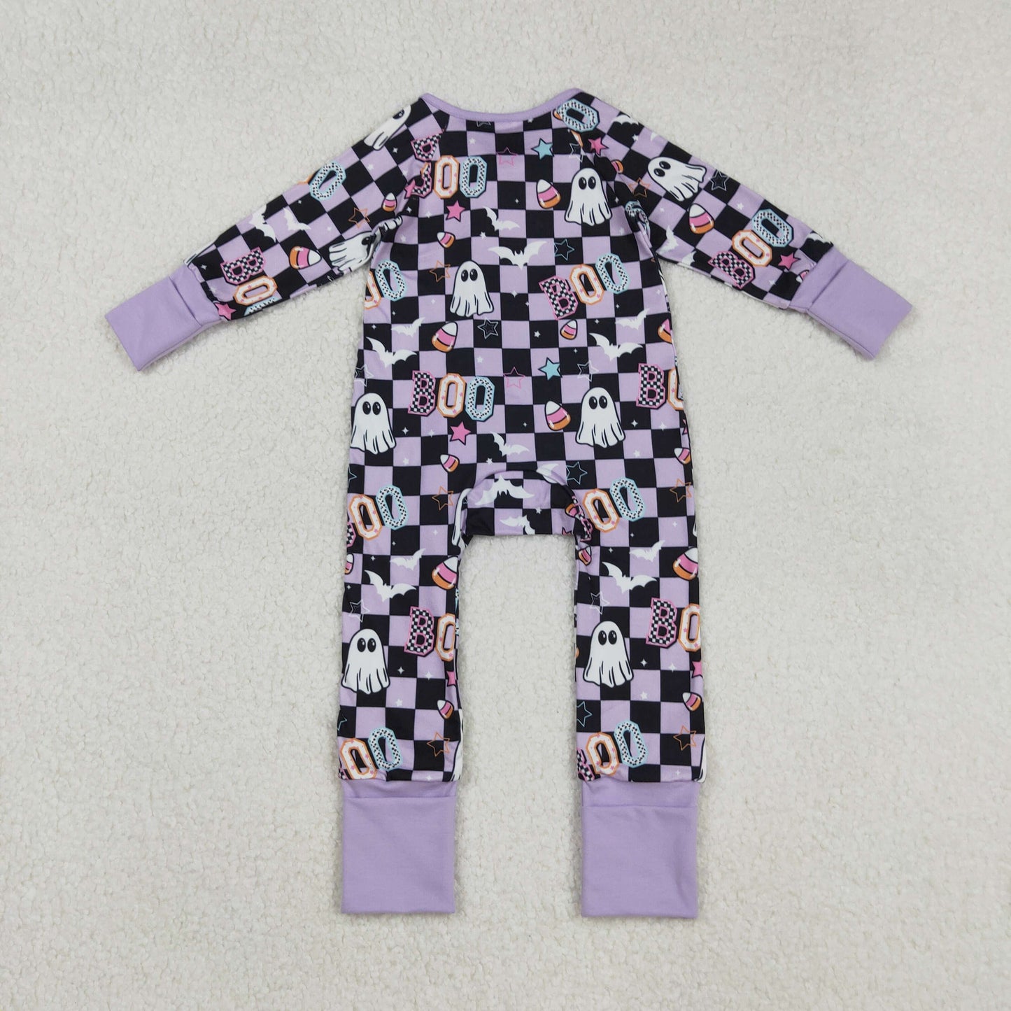 LR2541 Baby Boys Purple Black Checked Ghosts Boo Halloween Zipper Footed Rompers