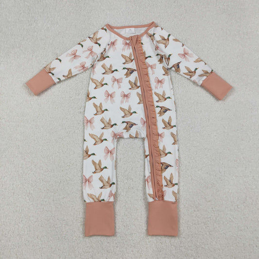 LR2545 Baby Girls Peach Bows Ducks Plaid Ruffle Zipper Footed Rompers
