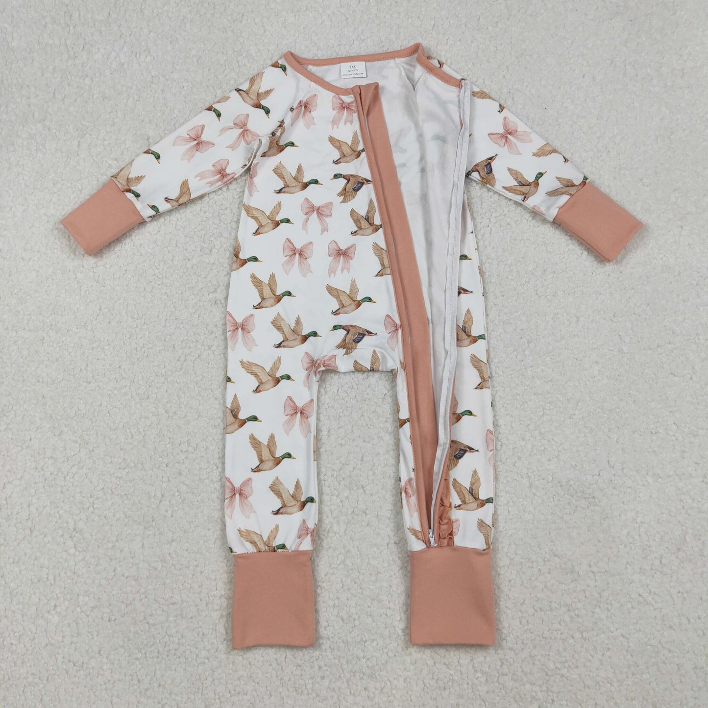 LR2545 Baby Girls Peach Bows Ducks Plaid Ruffle Zipper Footed Rompers