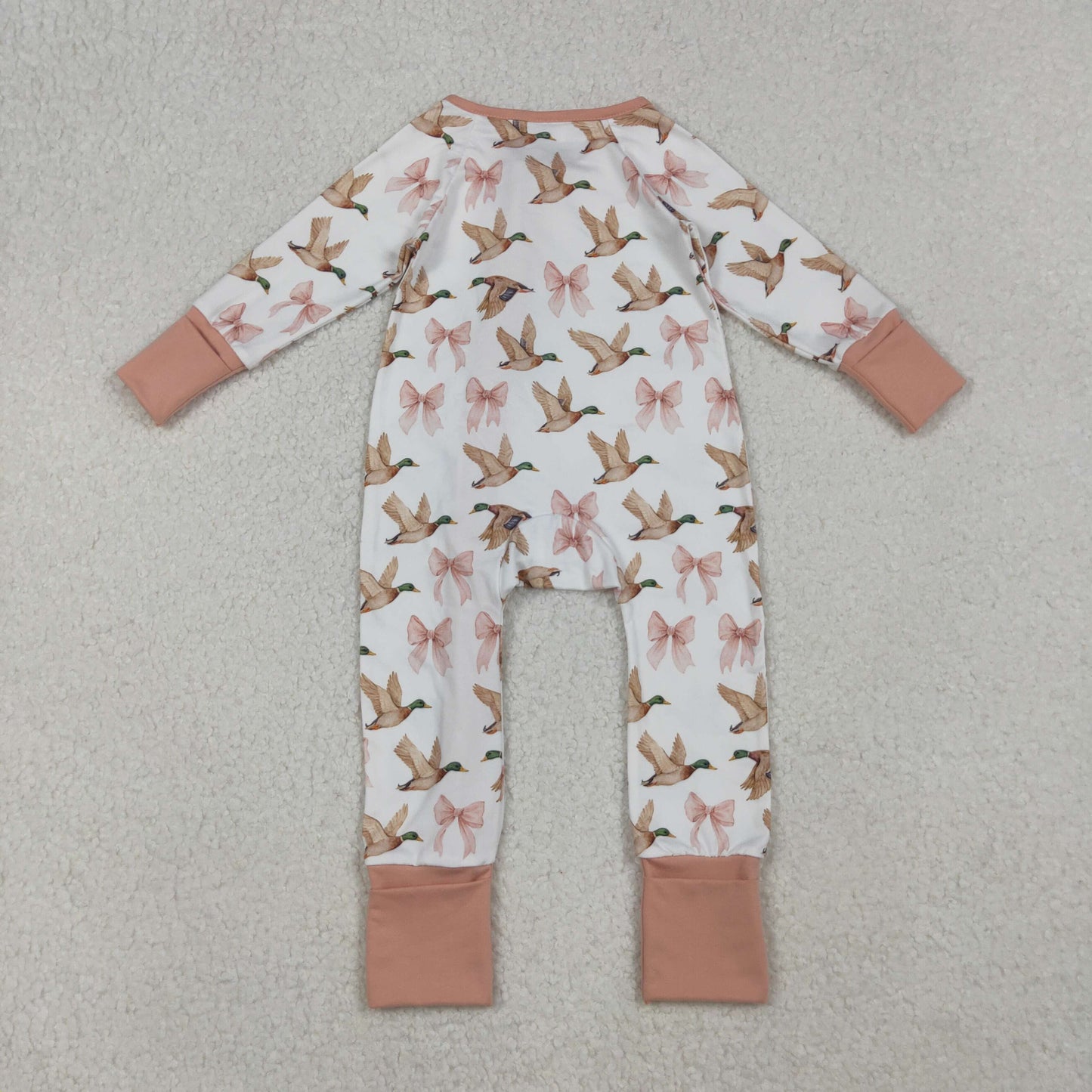 LR2545 Baby Girls Peach Bows Ducks Plaid Ruffle Zipper Footed Rompers