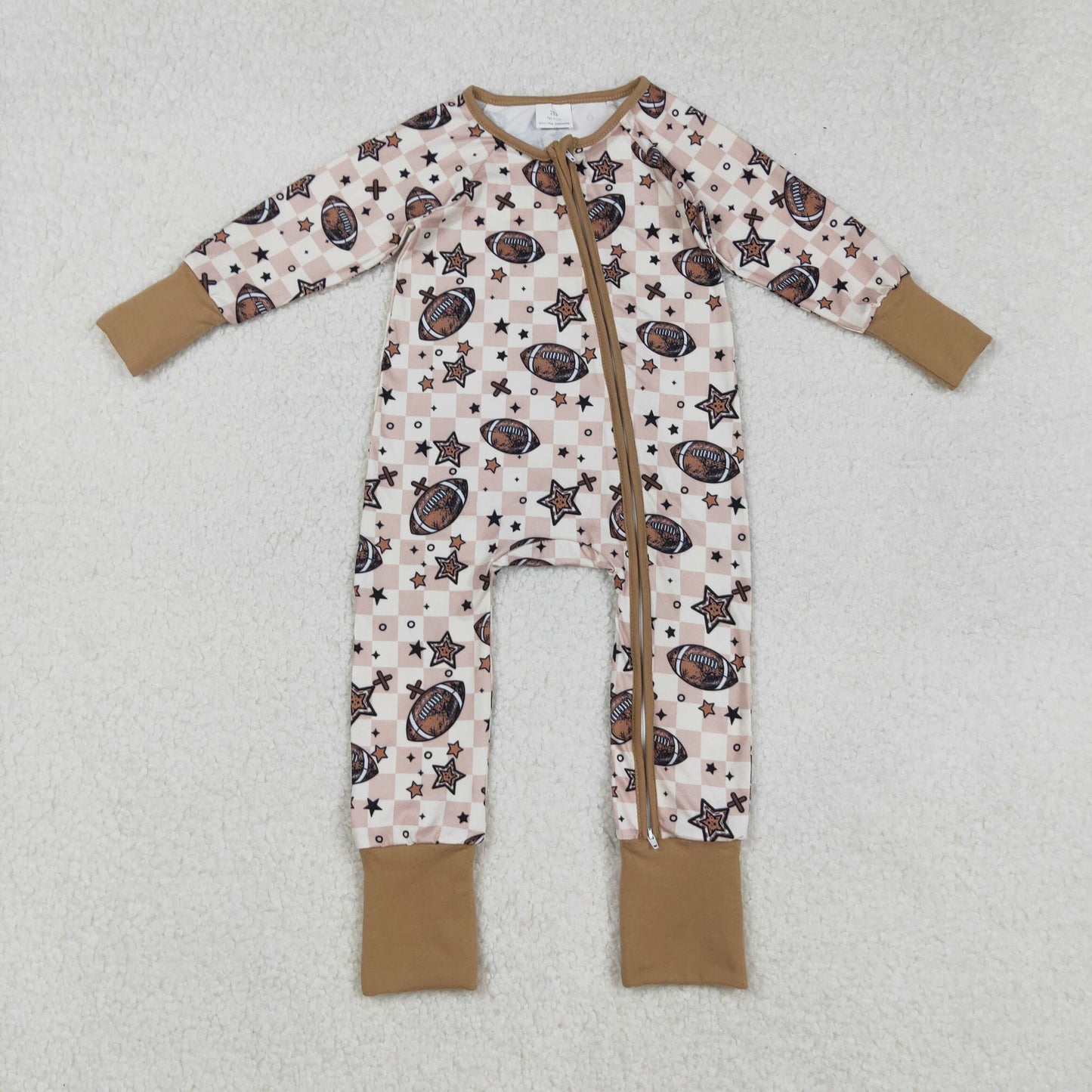 Sibling Baby Boys Girls Khaki Checked Footballs Pullovers Pockets Pants Team Clothes Sets Zipper Footie Rompers