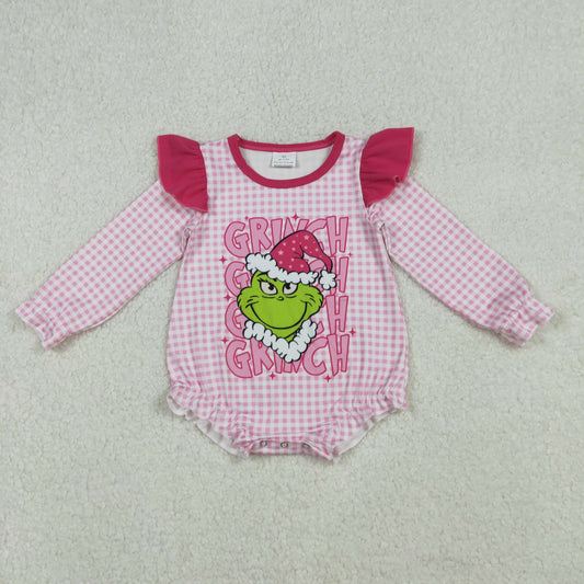 LR2554 Baby Girls Pink Checked Grin Christmas Ruffle Rompers
