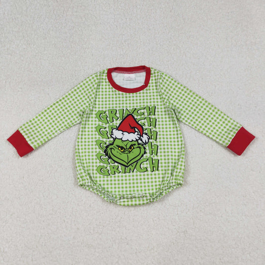 LR2555 Baby Boys Green Checked Grin Christmas Rompers