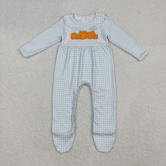 LR2560 Baby Girls Checked Embroidery Pumpkins Fall Collar Footed Rompers