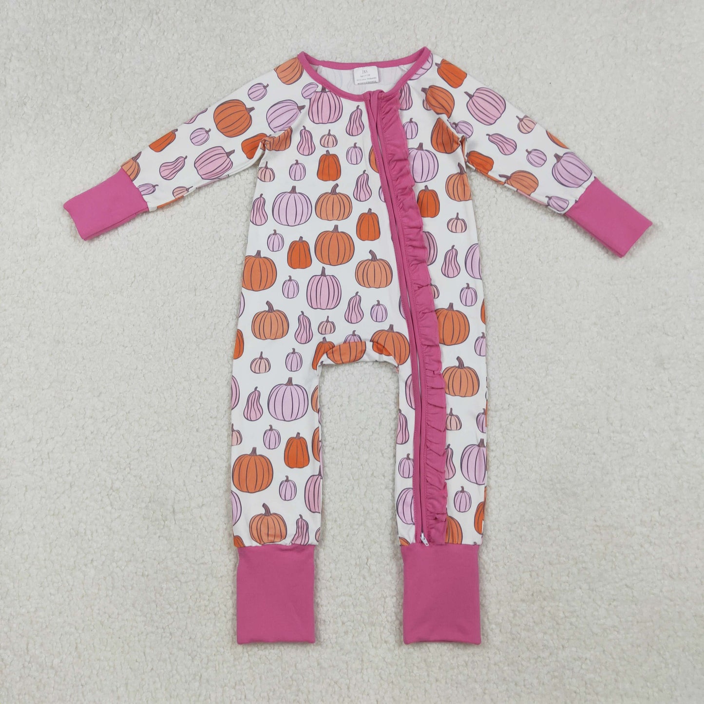 LR2566 Baby Girls Pink Pumpkins Plaid Fall Ruffle Zipper Footed Rompers