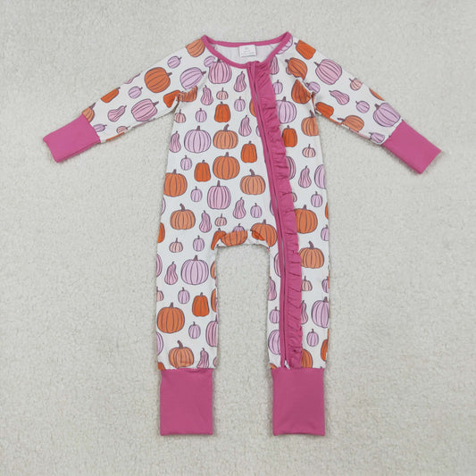 LR2566 Baby Girls Pink Pumpkins Plaid Fall Ruffle Zipper Footed Rompers