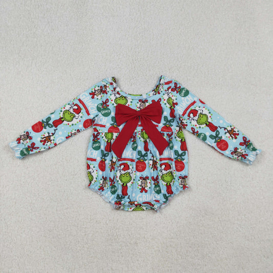 LR2575 Baby Girls Grin Lights Bows Top Christmas Ruffle Rompers