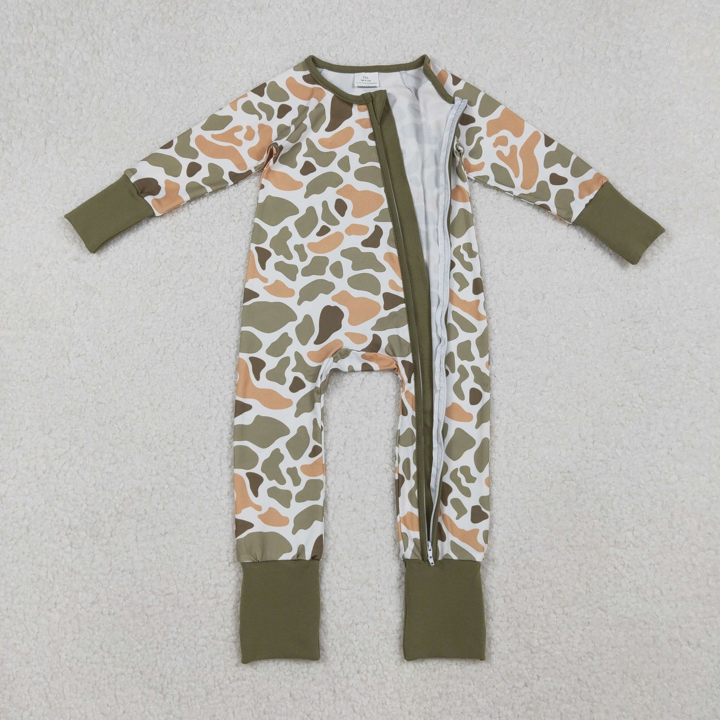 LR2578 Baby Boys Green Orange Camo Southern Zipper Footed Rompers