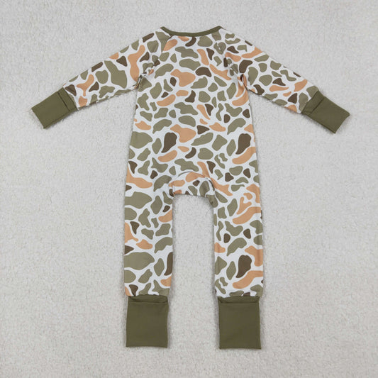 LR2578 Baby Boys Green Orange Camo Southern Zipper Footed Rompers