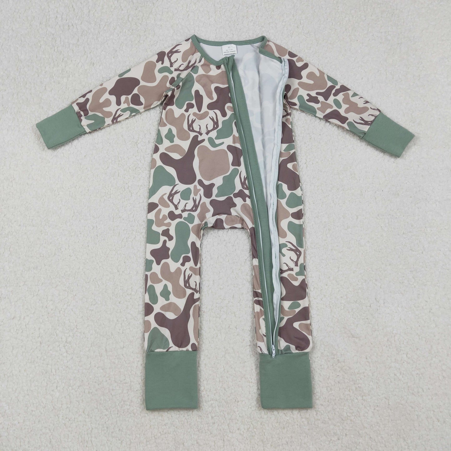 LR2582 Baby Boys Green Khaki Deer Camo Hunting Zipper Footed Rompers