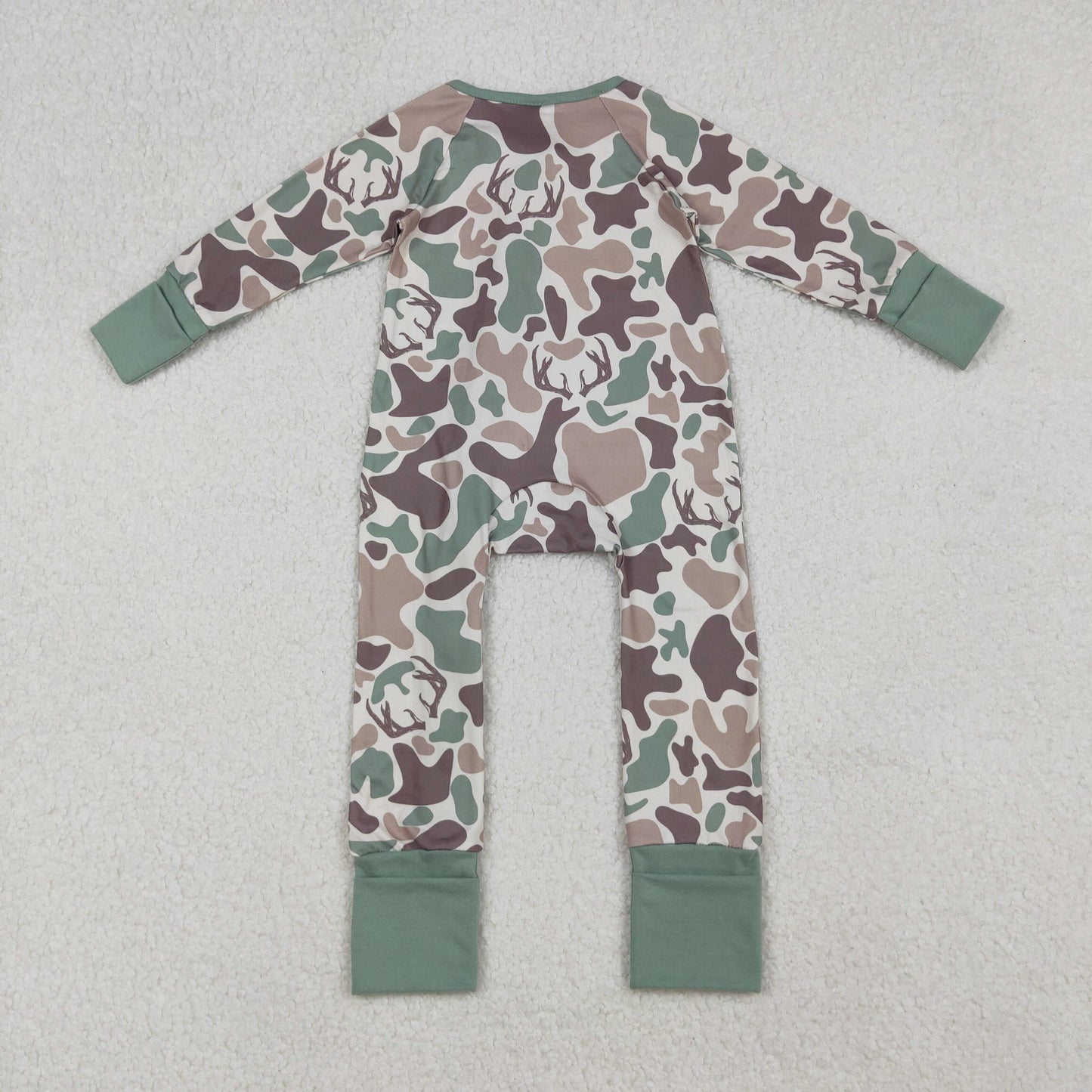 LR2582 Baby Boys Green Khaki Deer Camo Hunting Zipper Footed Rompers