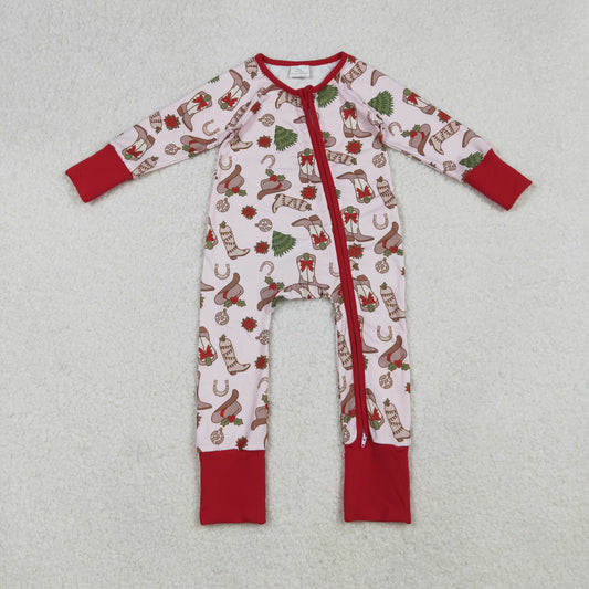LR2584 Baby Girls Boots Hats Holly Christmas Western Zipper Footed Rompers