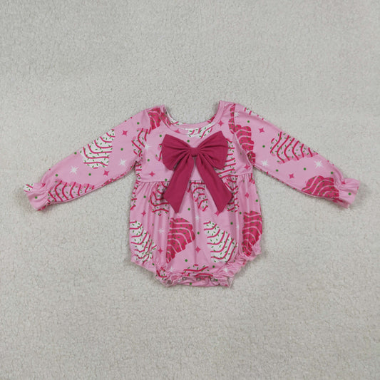 LR2586 Baby Girls Pink Stripe Trees Bows Top Christmas Ruffle Rompers