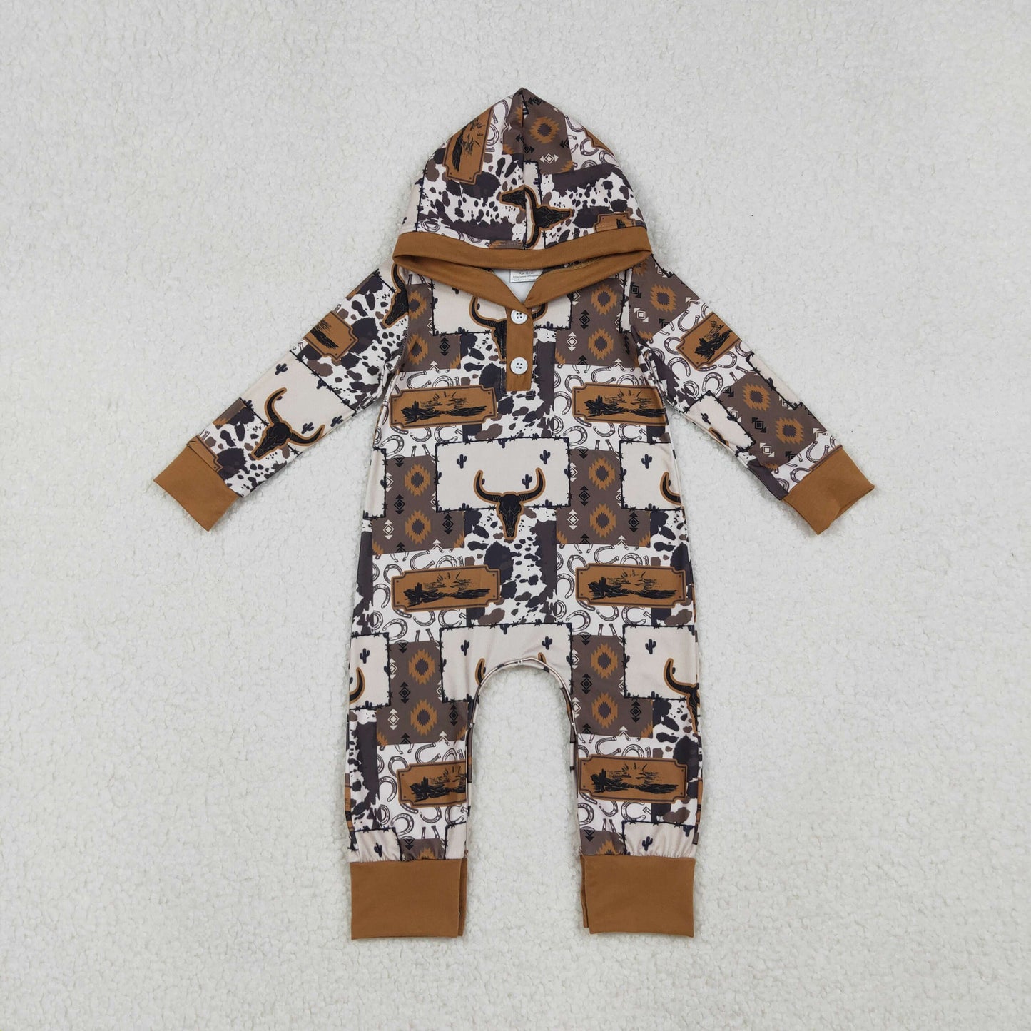 LR2592 Baby Boys Aztec Bull Skulls Checked Button Hoodies Western Footie Rompers