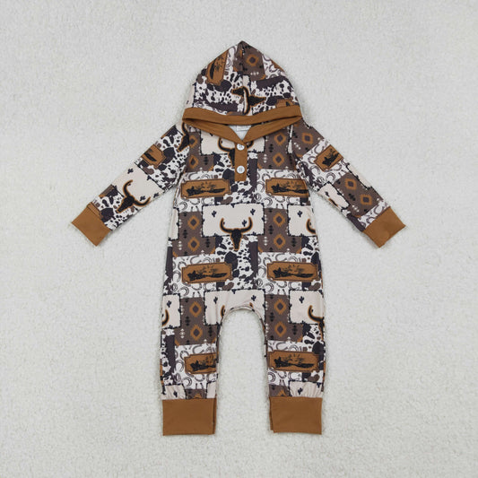 LR2592 Baby Boys Aztec Bull Skulls Checked Button Hoodies Western Footie Rompers