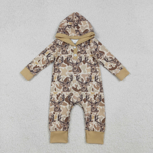LR2593 Baby Boys Khaki Camo Deer Button Hoodies Hunting Footie Rompers