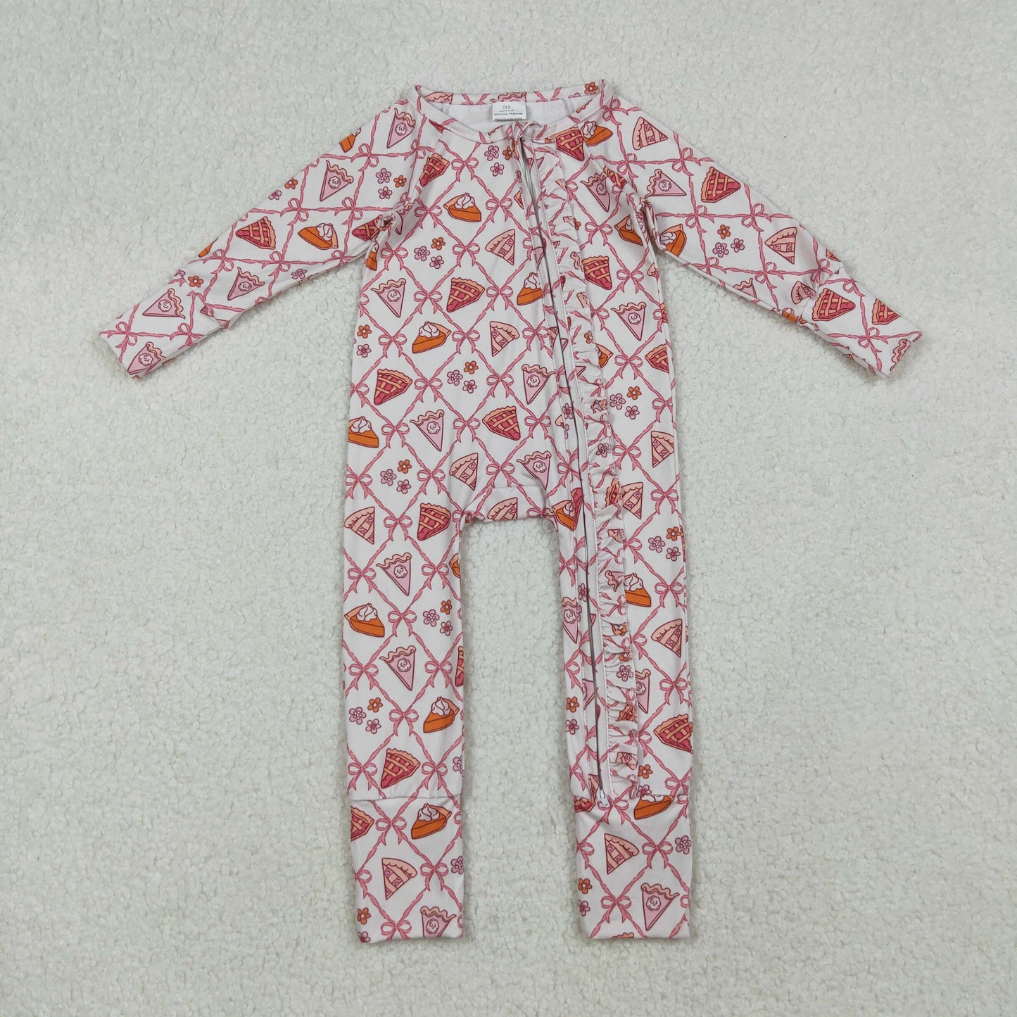LR2594 Baby Girls Pink Bows Pie Flowers Checked Thanksgiving Ruffle Zipper Footed Rompers