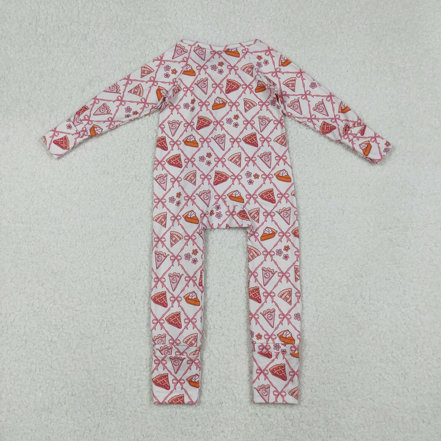 LR2594 Baby Girls Pink Bows Pie Flowers Checked Thanksgiving Ruffle Zipper Footed Rompers
