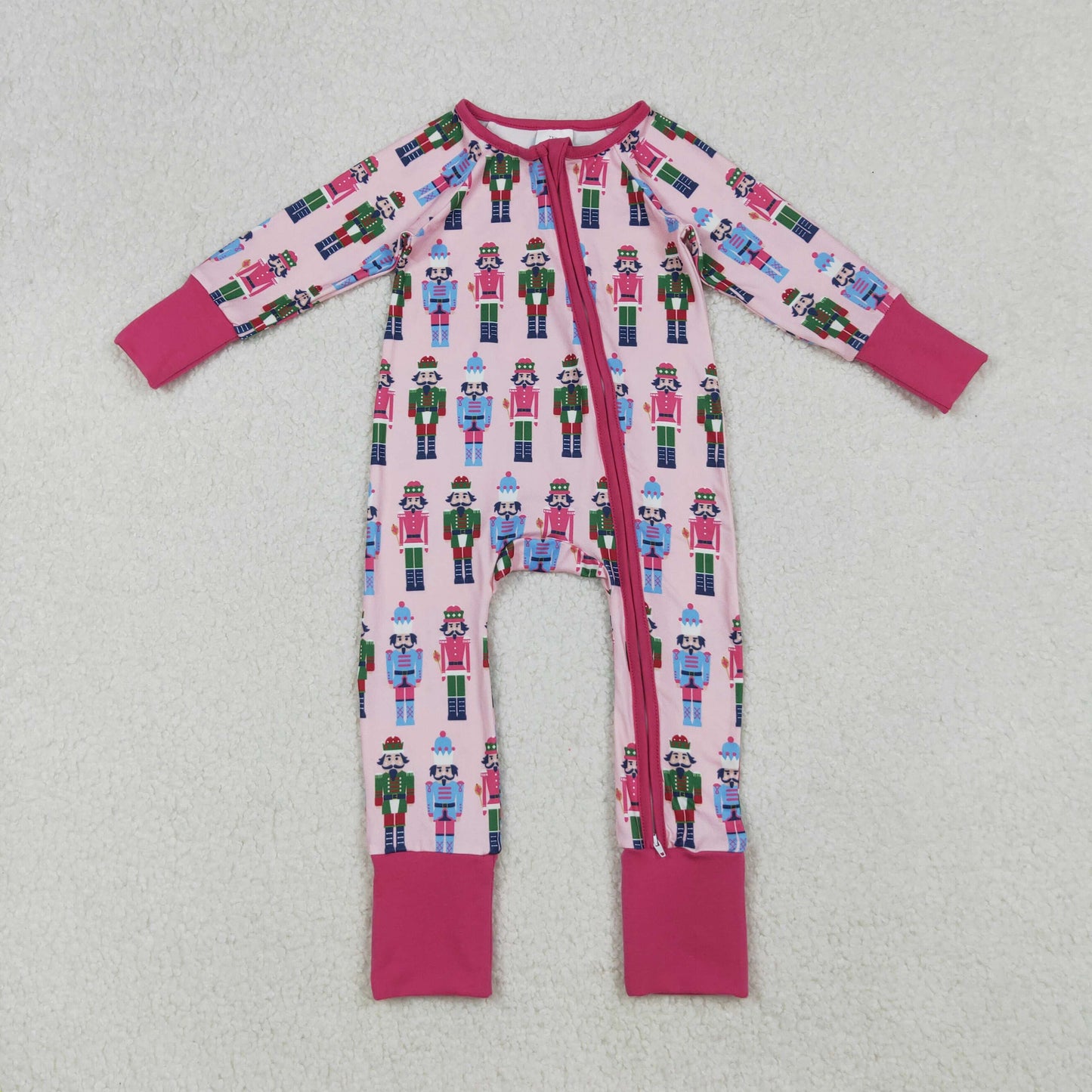LR2598 Baby Girls Pink Soldiers Plaid Christmas Zipper Footed Rompers
