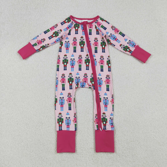 LR2598 Baby Girls Pink Soldiers Plaid Christmas Zipper Footed Rompers