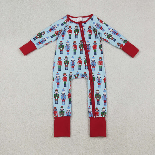 LR2599 Baby Boys Blue Soldiers Plaid Christmas Zipper Footed Rompers