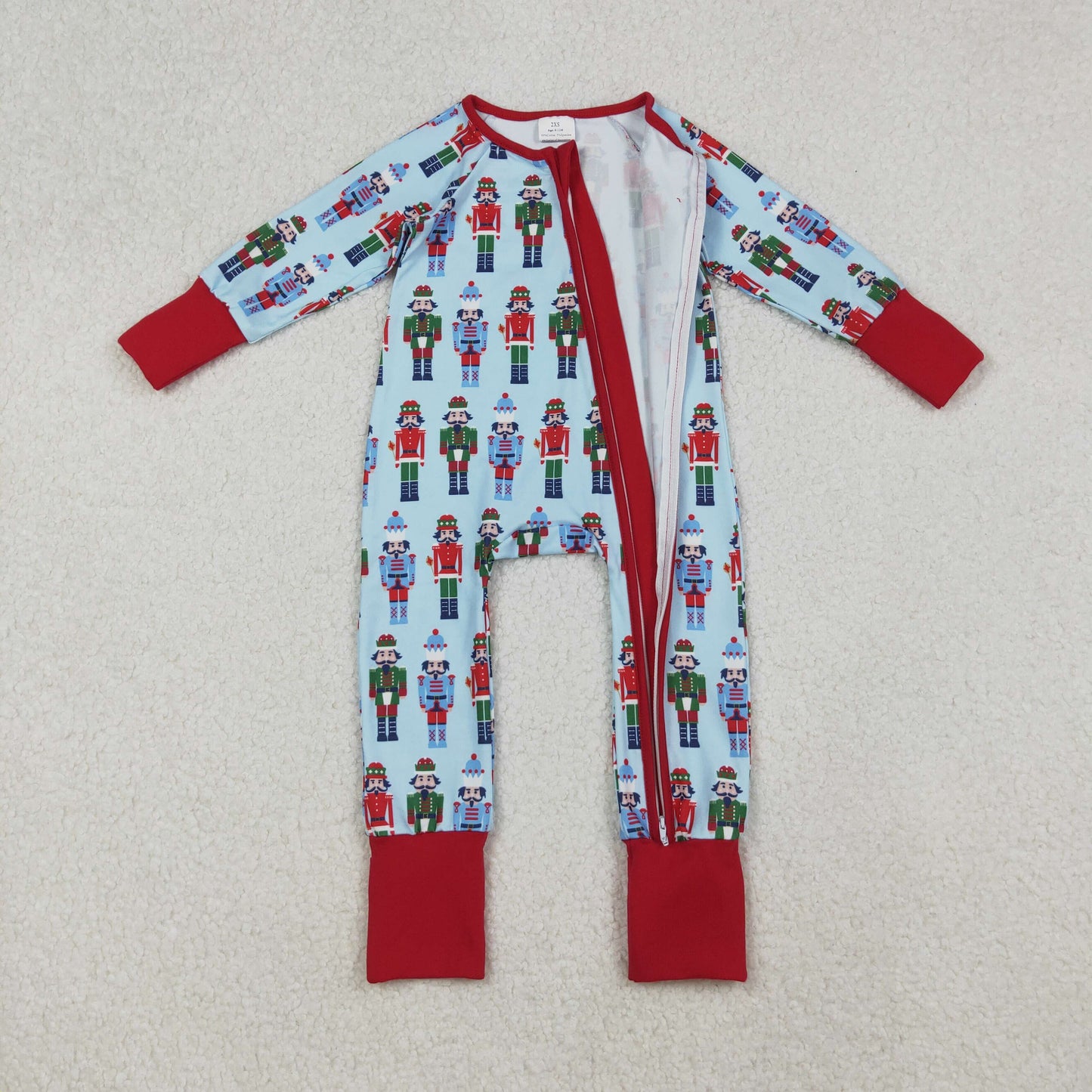 LR2599 Baby Boys Blue Soldiers Plaid Christmas Zipper Footed Rompers